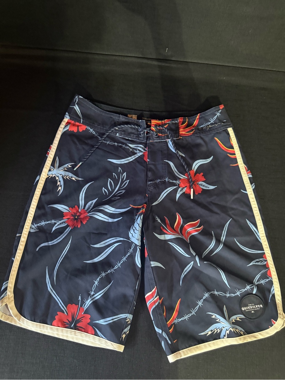 Quiksilver Navy Floral Swim Trunks with Red and Light Blue Accents